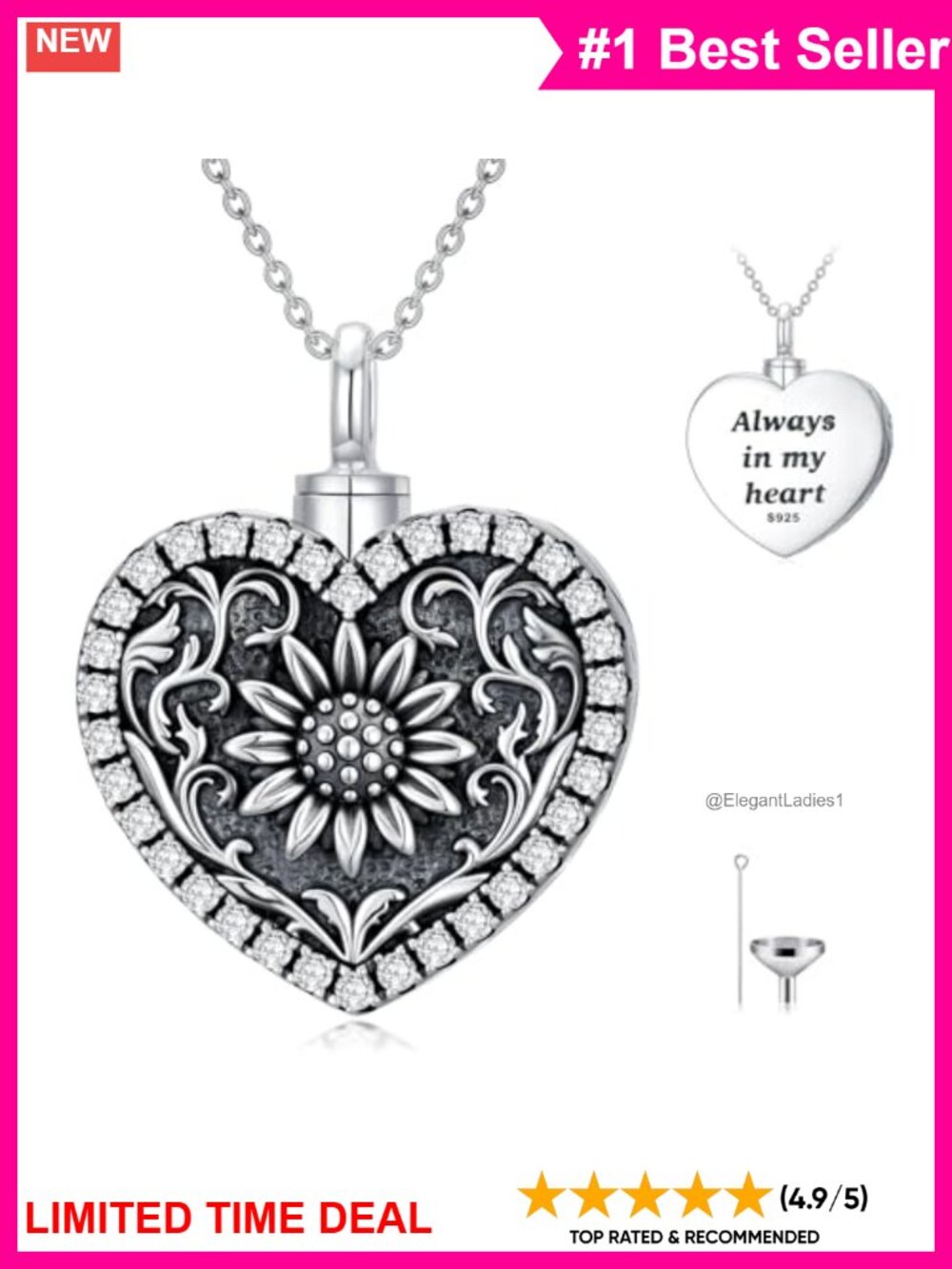 925 Sterling Silver Heart Urn Necklace Sunflower Cremation Jewelry